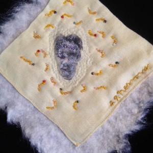 29.Nervous_9inx9in_laser-print_acrylic_glass-beads_batting_threads_embroidery floss on vintage linen handkerchief_2016